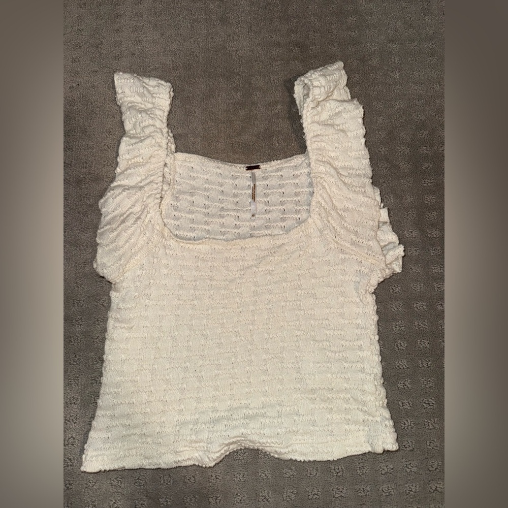 Free People Cream Ruched Ruffled Blouse